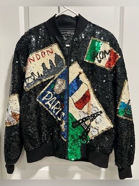 I.B. Diffusion 1990s Vintage Black Sequin Bomber Jacket Size S
